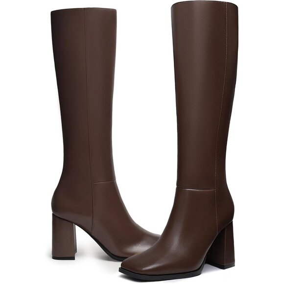 Women's Faux Leather Brown Square Toe Side Zipper Chunky Heel Knee High Boots - Picture 4 of 6